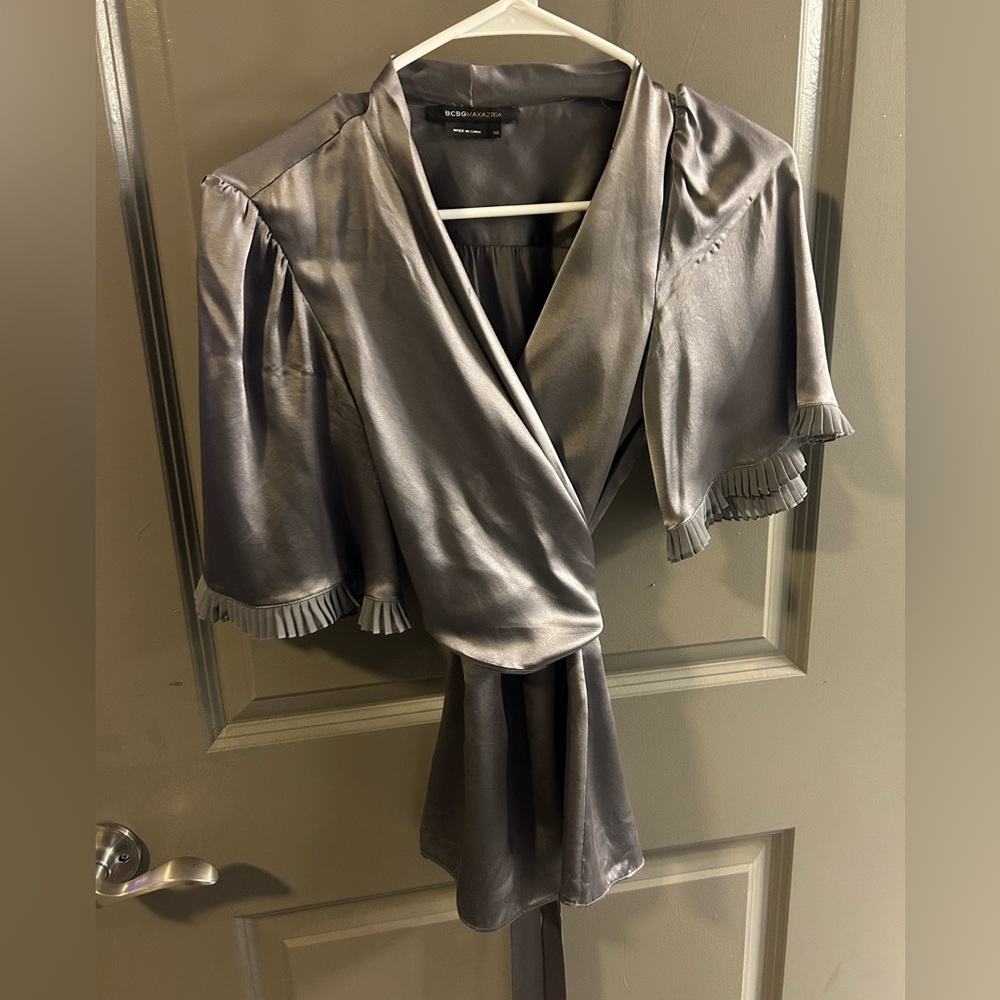 BCBG XS satin grey wrap blouse